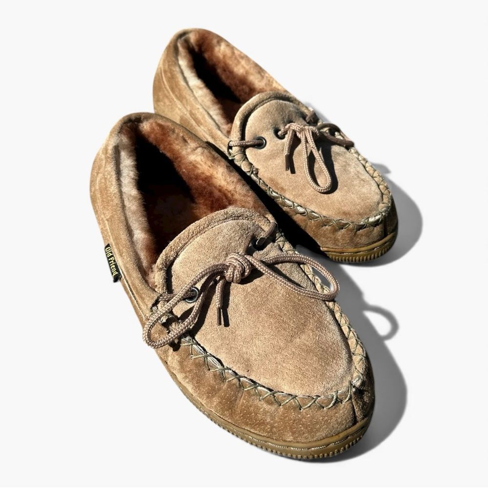 Old Friend Men Size 8 Tan Suede Shearling Lined Moccasin Slippers Loafers